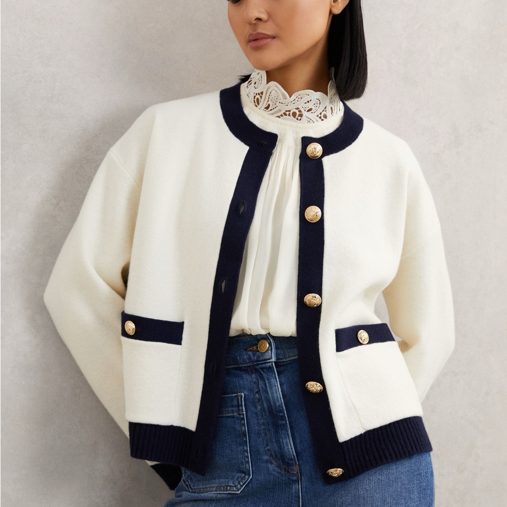 REISS Olive Wool-Cashmere Crew-Neck Cardigan in Cream/Navy